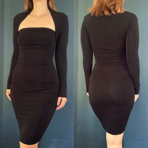 Vintage 90s Moda International Ruched Square Neck Bodycon Dress - Picture 2 of 4